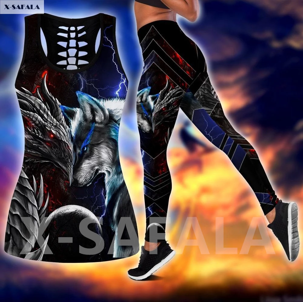 

Женский комплект для фитнеса и йоги с 3D-принтом дракона волка, женские леггинсы с верхом, одежда G26, спортивные эластичные штаны с высокой та...