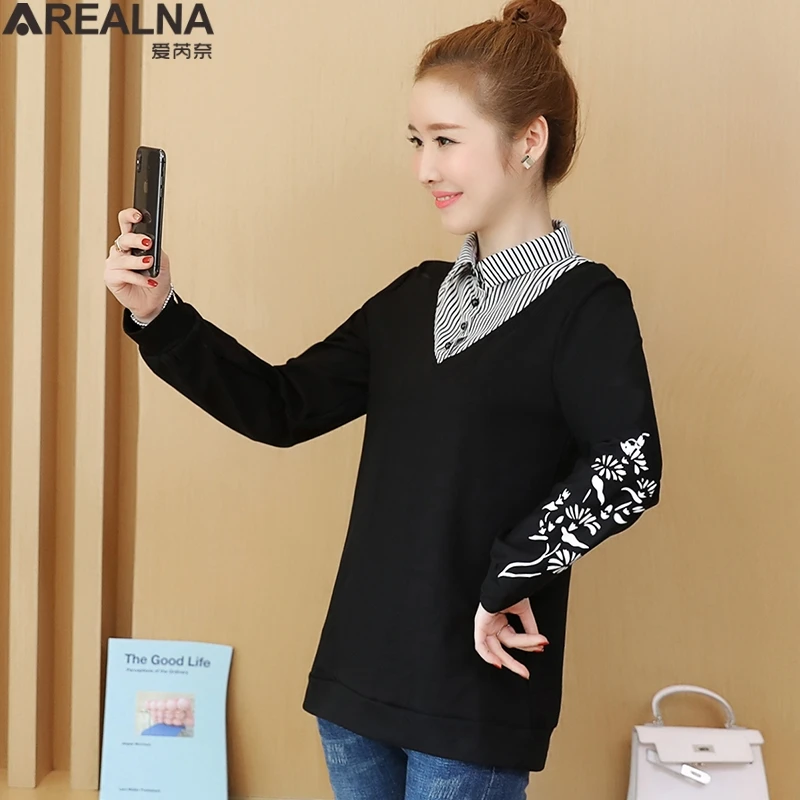 Autumn plus size Striped spliced women sweatshirt korean hoodie Fake Two Pieces Casual Tracksuit streetwear sudadera mujer L-5XL | Женская