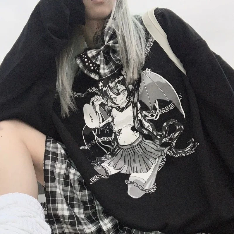 

HOUZHOU Gothic Hoodies Women Mall Goth Anime Emo Girl Print Plus Velvet Hoodie Grunge Japanese Style Streetwear Autumn Winter