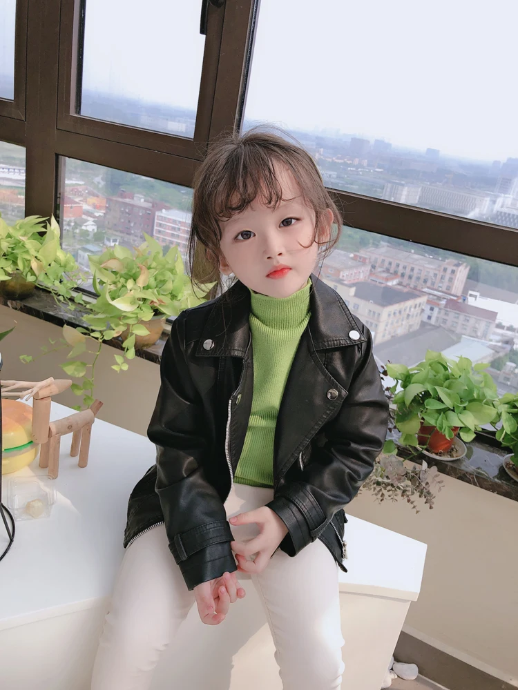 

2019 spring and autumn new girls solid PU comfortable jacket children leather Girls Kids boys coat