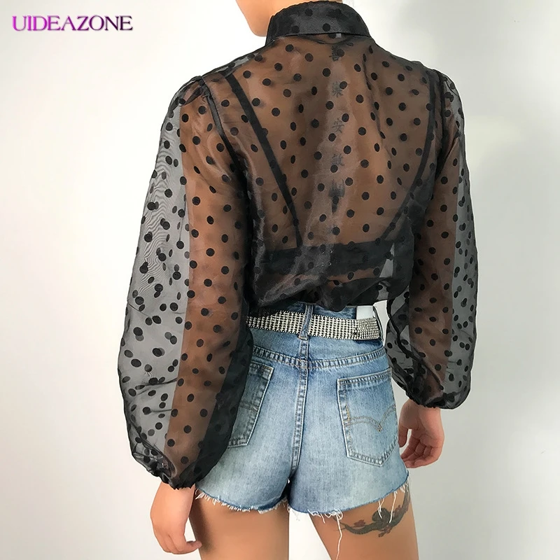 UIDEAZONE прозрачная блузка узор в горошек женская шифоновая рубашка сексуальная
