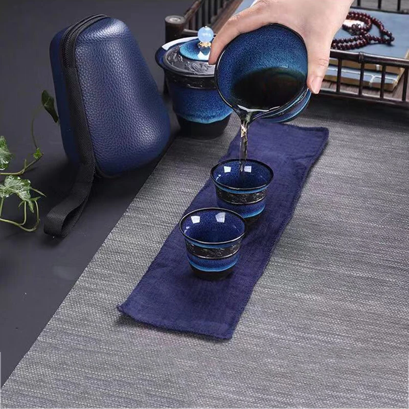 Чайный набор керамический синий глазурь gaiwan чайный кунг-фу 1 с 2 чайными чашками и