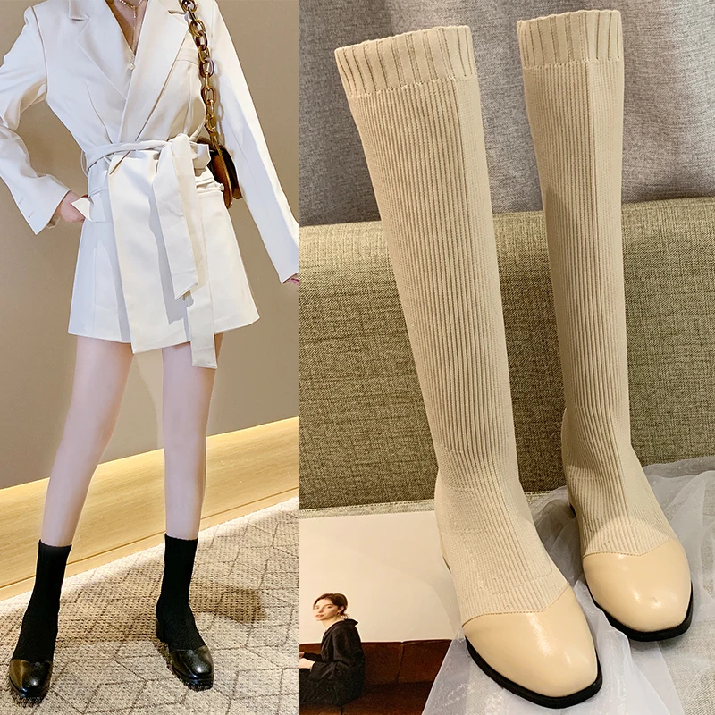 Женские сапоги до колена цвет черный бежевый коллекция 2019 года сезон весна-осень