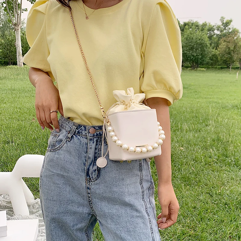 

Fashion purple pearl chain shoulder bag bucket bag luxury handbag female bag designer sac A master shoulder bag female