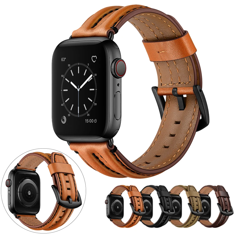 

Genuine Leather strap for Apple Watch Band 44mm 40mm 42mm 38mm Double keel watchband belt bracelet iWatch series 5 4 3 se 6 band