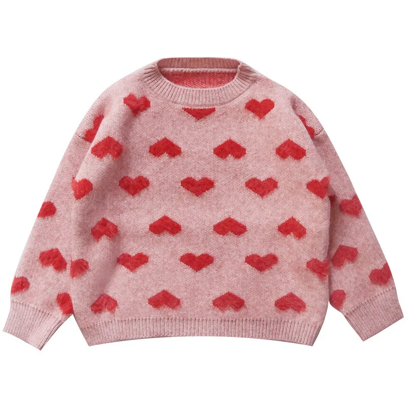 

Girl's O-neck Long Sleeve Lovely Red Heart Knitted Sweaters Casual Fashion Autumn Winter Sweatshirts Pullover Sweater