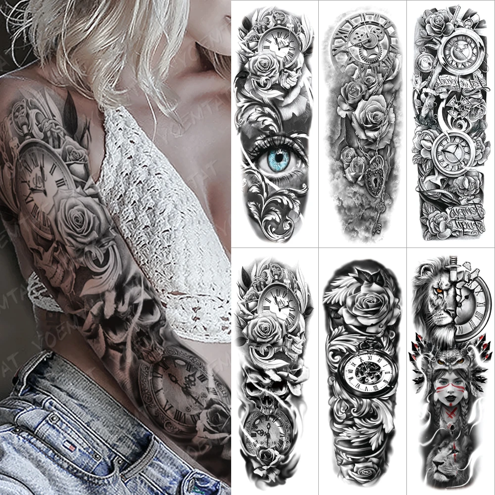 

6pcs Suit Tato God's Eye Watch Rose Totem Large Sexy Temporary Tatu Sticker Leg Arm Women Men Glitter Tattoo Kids Body Art 2021