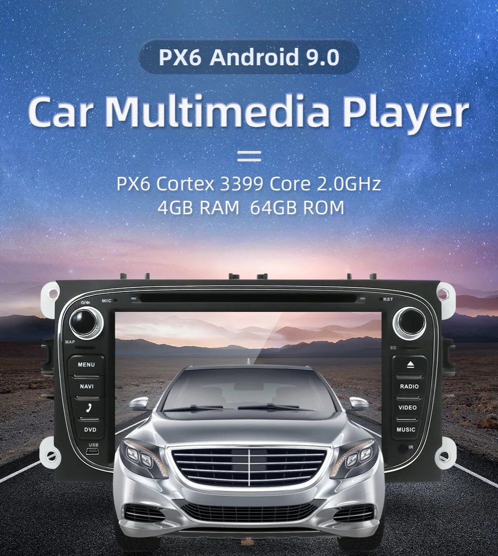 Android 9 gps автомагнитолы 2 Din Автомобильный мультимедийный плеер 7 ''аудио dvd-плеер для Ford/Focus/S-Max/Mondeo 9/Galaxy yc-Max PX6 4G 64G