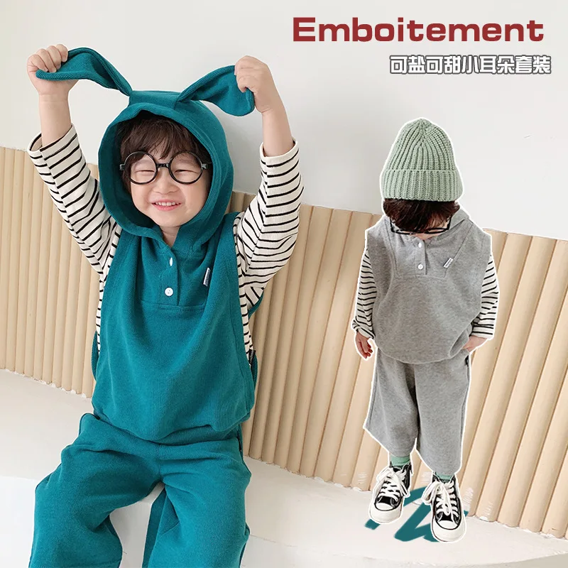 

Детская одежда 2021 Корейская версия Повседневный вязаный костюм для мальчиков с кроличьими ушками осенний однотонный пуловер с капюшоном д...