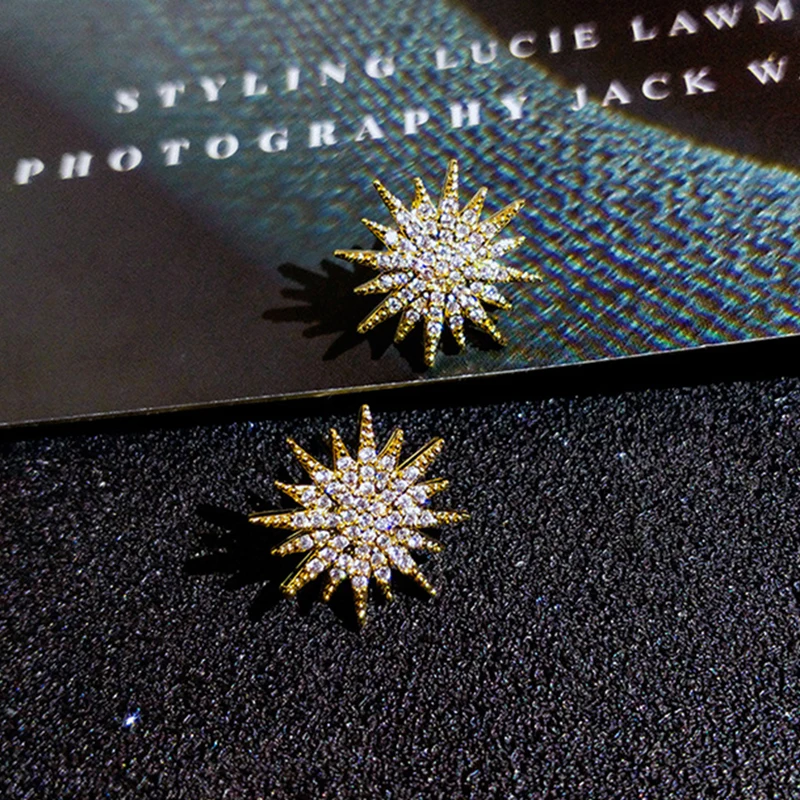 

Trendy Elegant 14K Real Gold Snowflake Earrings for Women Accessories Korean Fashion Jewelry S925 Silver Needle Shiny Zircon Hot