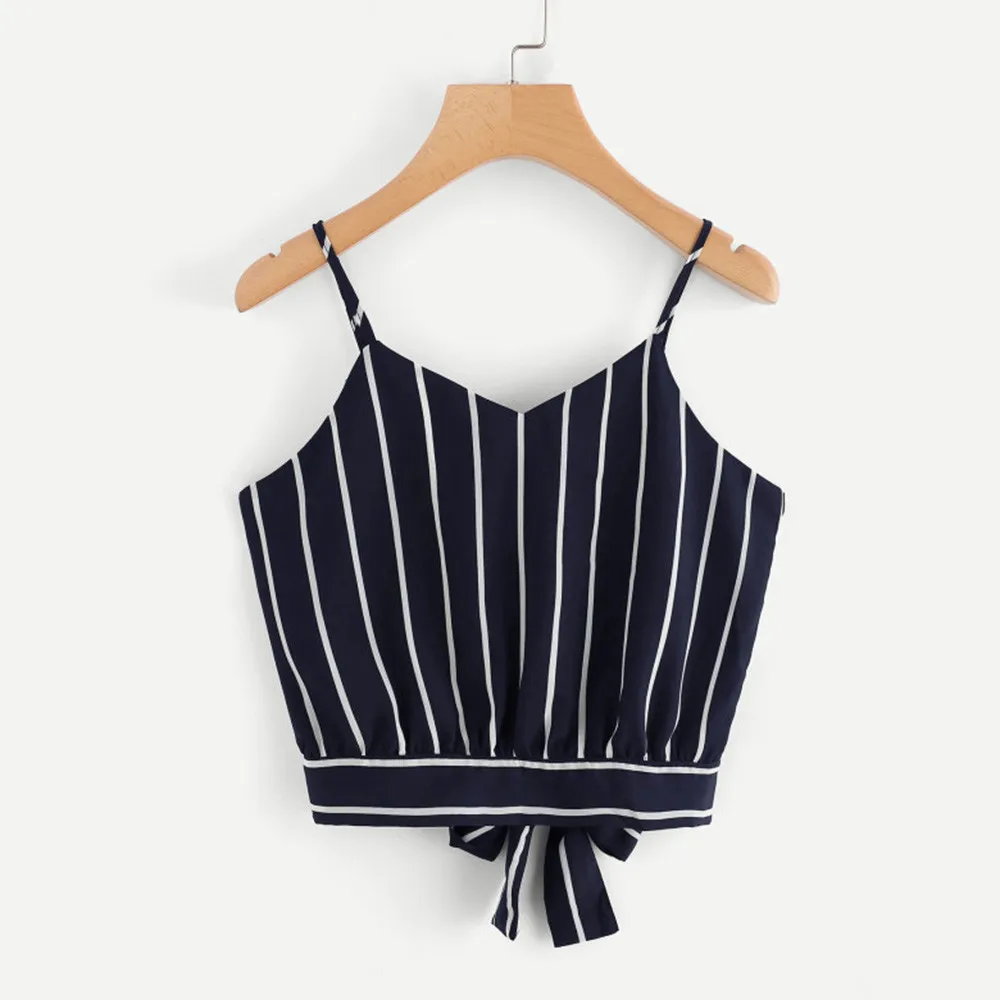 Sexy Women Crop Tops Striped Tie Back Cami Casual Spaghetti Strap Bow-Knot Vests Cropped Tank Vest feminino 17 Color | Женская одежда