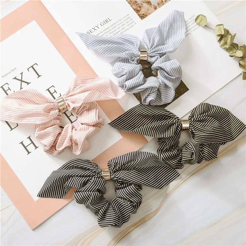 

Korea Cute Rabbit Ear Striped Metal Buckle Hair Scrunchies Elastic Hair Bands Ties Rope Bands Ponytail Bands Hair Accessories