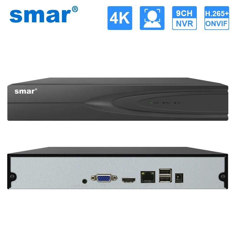 Сетевой видеорегистратор Smar 4K Ultra HD 9CH CCTV NVR H.265 для IP камеры 8 Мп металлический