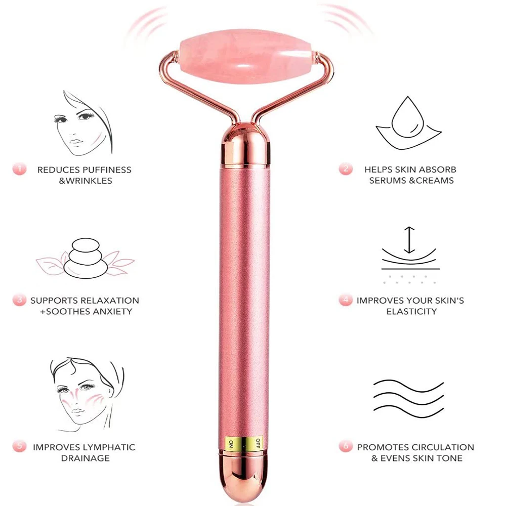 5-в-1 24K Gold Beauty Bar массажер для лица Электрический вибрирующий розовый кварц 3D ролик