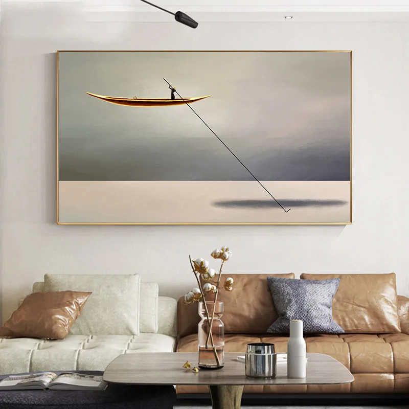 Морская Золотая лодка Абстрактная Картина на холсте в скандинавском стиле