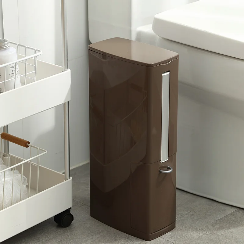 brown set Узкая ванная мусорная корзина мусорные баки для туалета мусорная корзина с крышкой туалетная щетка мусорный мешок контейнер для хранения пластиковый мусорный контейнер - Цвет: brown set