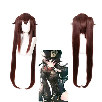 

2021 New Game Genshin Impact Hu Tao Cosplay Wig Anime Long Gradient Brown Ponytails Heat Resistant Synthetic Wigs Free Wig Cap