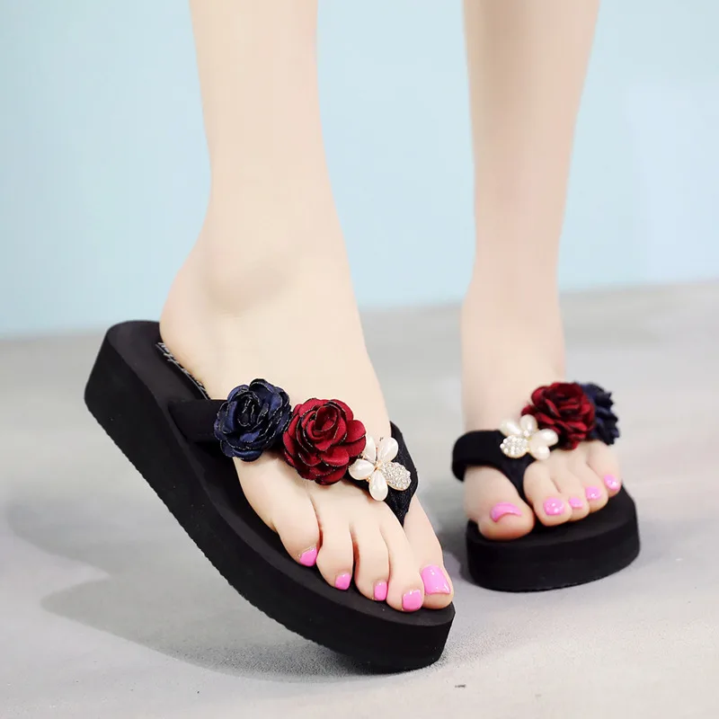 

Summer Flip Flops All-Match Slope Heel Beach Thick-Soled Flowers Seaside Soft Sandals Exquisite design Slippers Women's Shoes