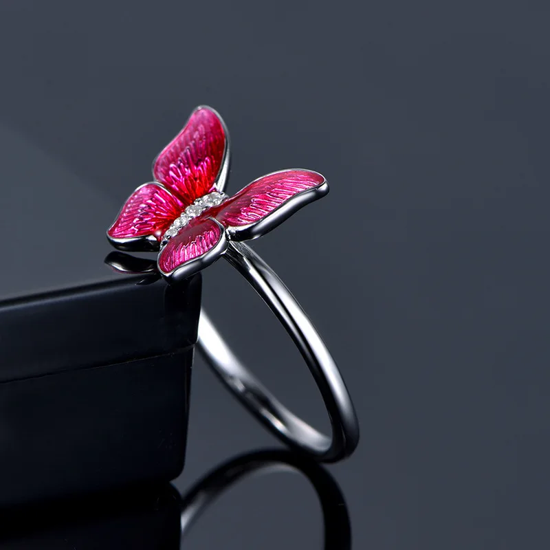 

Cute Female Red Enamel Butterfly Ring Charm Silver Color Wedding Rings For Women Promise Small Love Engagement Ring