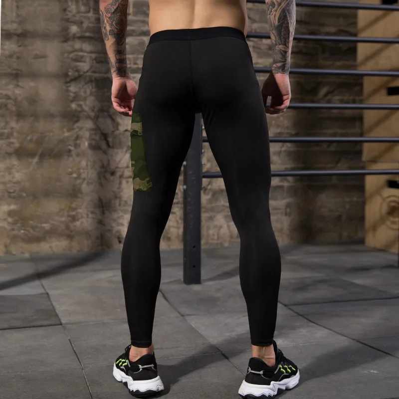 Men Fitness Pants with Camouflage Print Pocket Tight-Fitting Breathable High-Elastic Running PRO Training Sports Jogging Tights