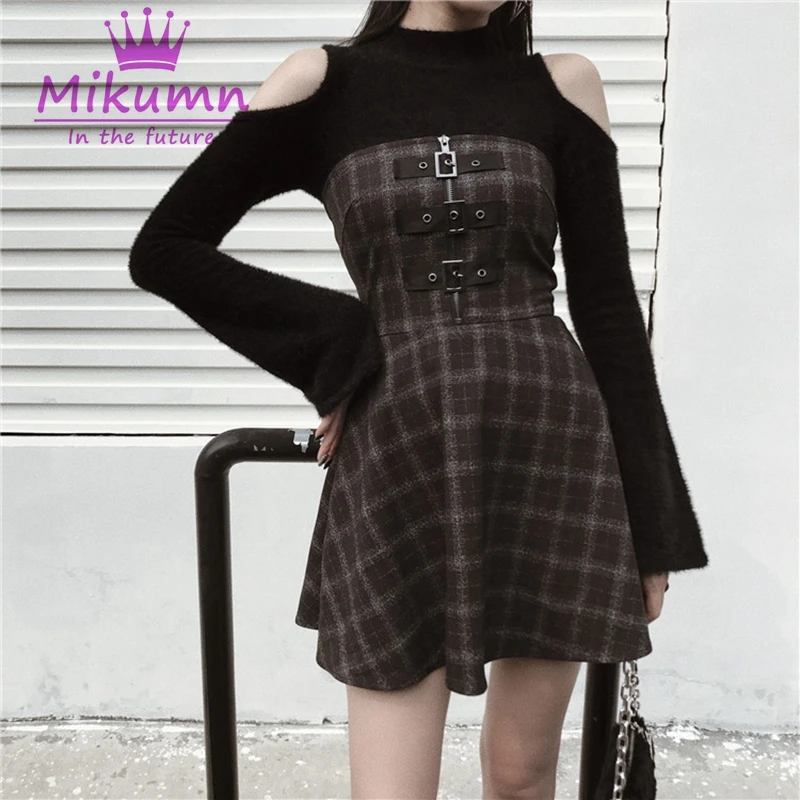 

Spring Autumn Women Black Grey Plaid Mini Dresses Punk Vestidos Sleeveless Spaghetti Strap Gothic Girls Dresses