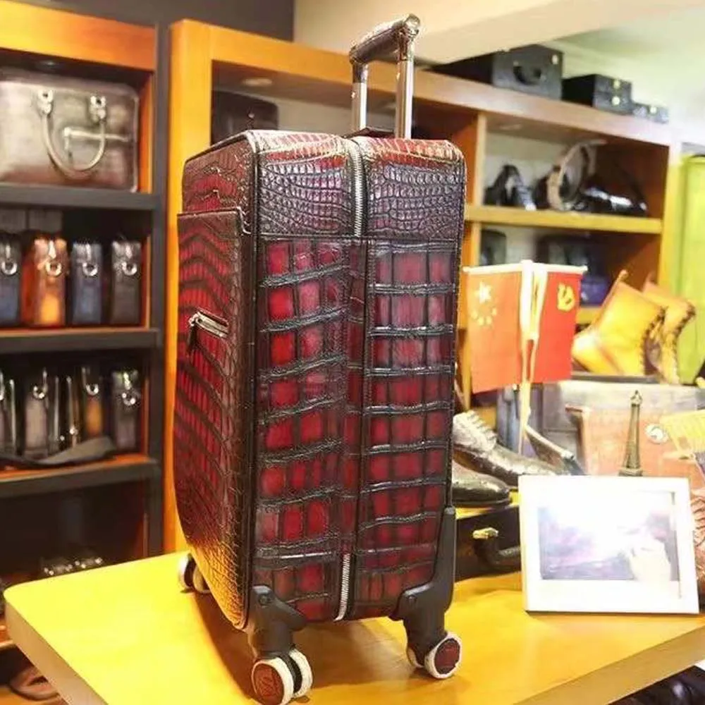 yingshang new men Luggage box men suitcase crocodile leather brush color wine red Pull rod box  Universal wheel  Password