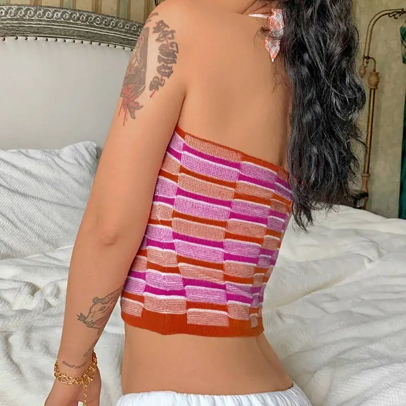 

Sexy Summer Fashion Vintage Print Y2K Knitted Halter Tops Women 90s Aesthetic Striped Backless Camis 90s Retro Lace-up Crop Vest