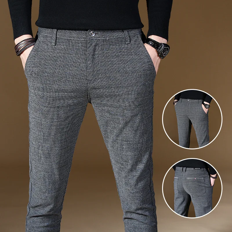

High Quality Fashion Brand Mens Spring And Summer Casual Pants Men Striped Micro Elastic Straight Trousers