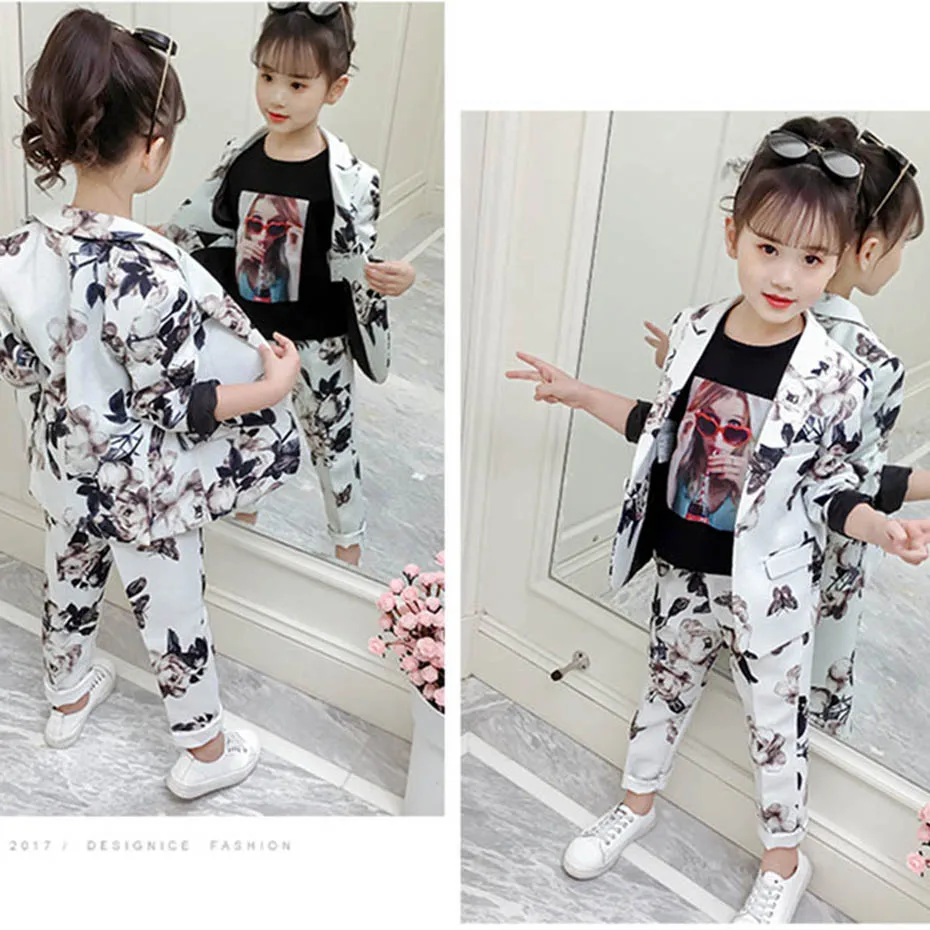 Детская одежда блейзеры и брюки с цветочным принтом Одежда для девочек на одной