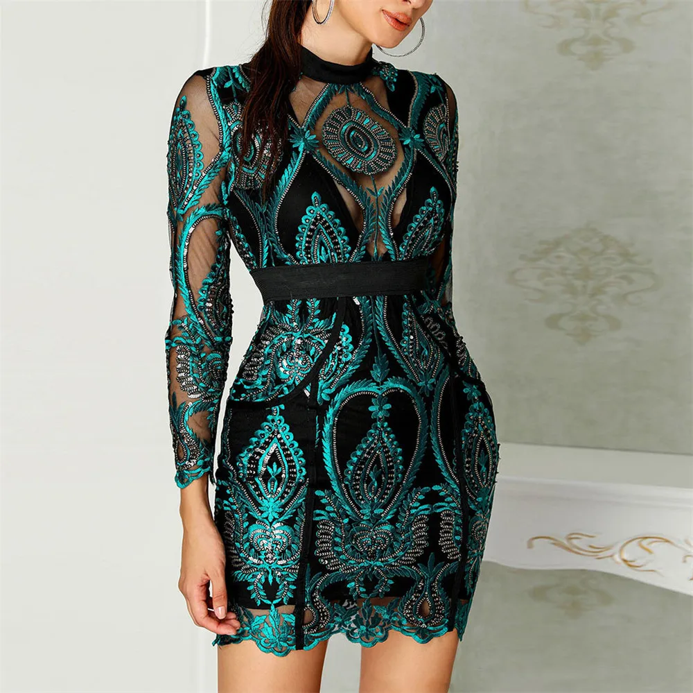 Элегантное женское платье с длинным рукавом кружевное модное сексуальное