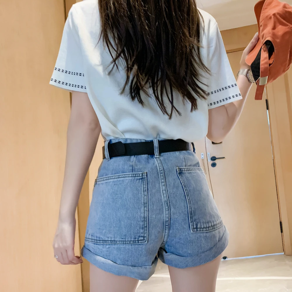 

women streetwear rivet high waist denim shorts ladies Summer slim thin wide leg short jeans women korean chic biker shorts