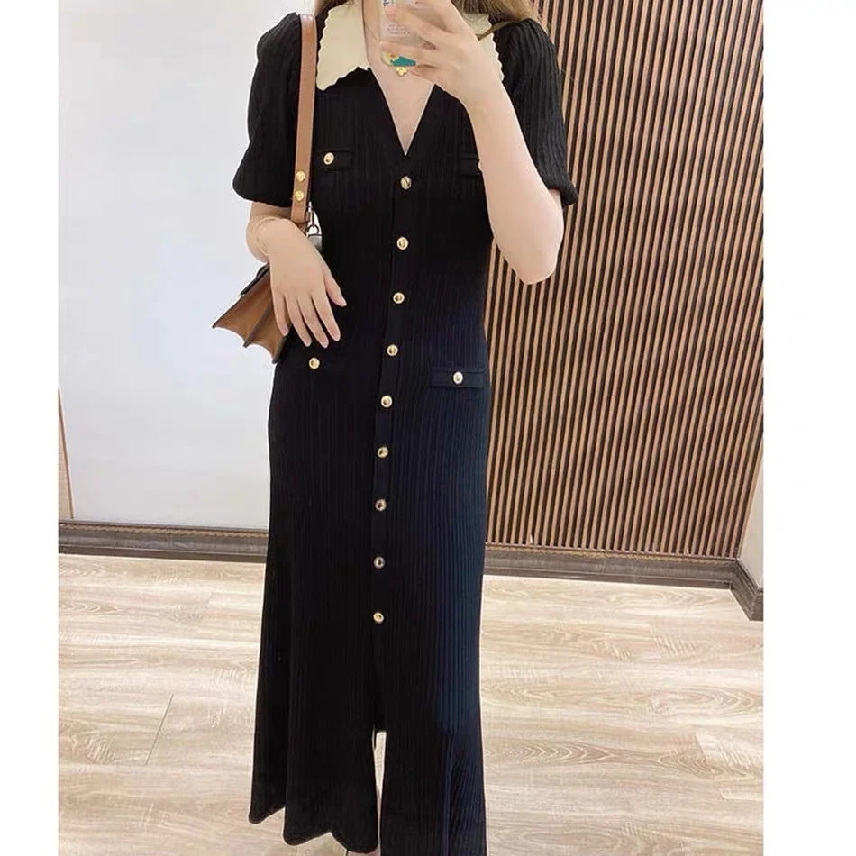 

Fadan s family 2021 autumn winter Lapel bubble sleeve single breasted split fishtail knitted dress sfpro01918