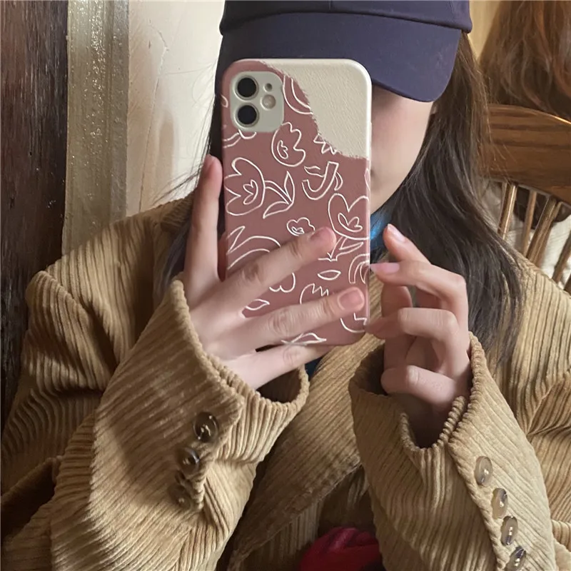 

Matte leather Flower Phone Case For iPhone 7 11 Pro 12 XS MAX XR SE2020 X 8 Plus Abstract Art Line Silicone Soft Cover