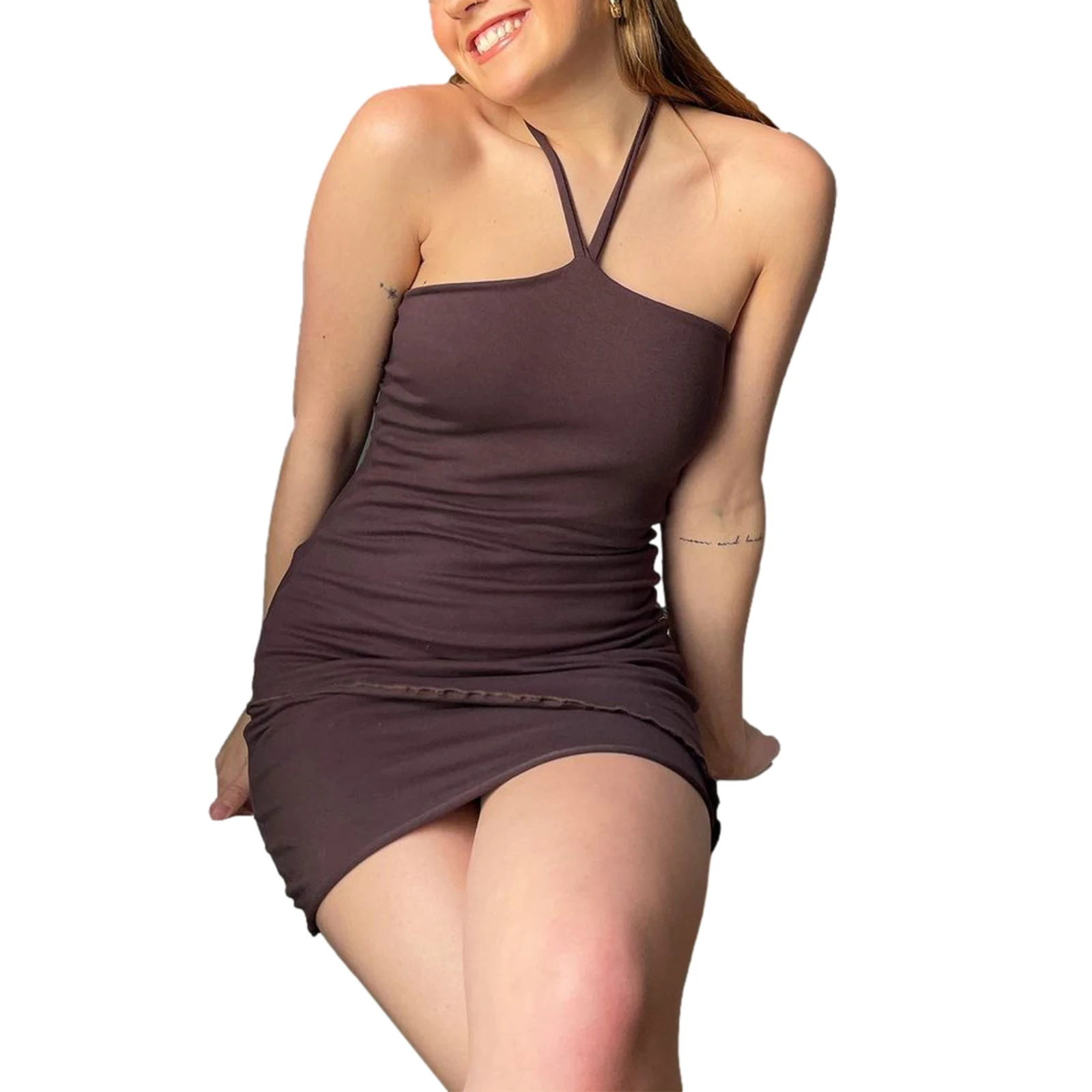 

2021 New Women Fashion Close-fitting Solid Color Dress Halter Neck Sleeveless Sexy S/ M/ L