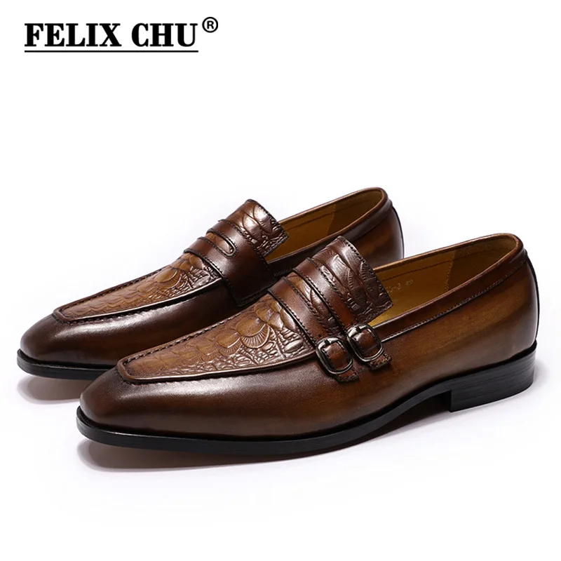 

FELIX CHU Casual Business Men's Dress Shoes Genuine Leather Crocodile Print Brown Party Wedding Mens Loafers With Double Buckles