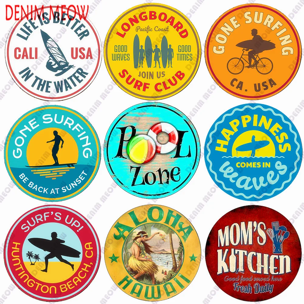 

Beach Round Metal Sign Surf Club Wall Art Decor ALOHA Happy Place Vintage Round Plaque Pool Zone Happy Hour Pub Club Decor WY163