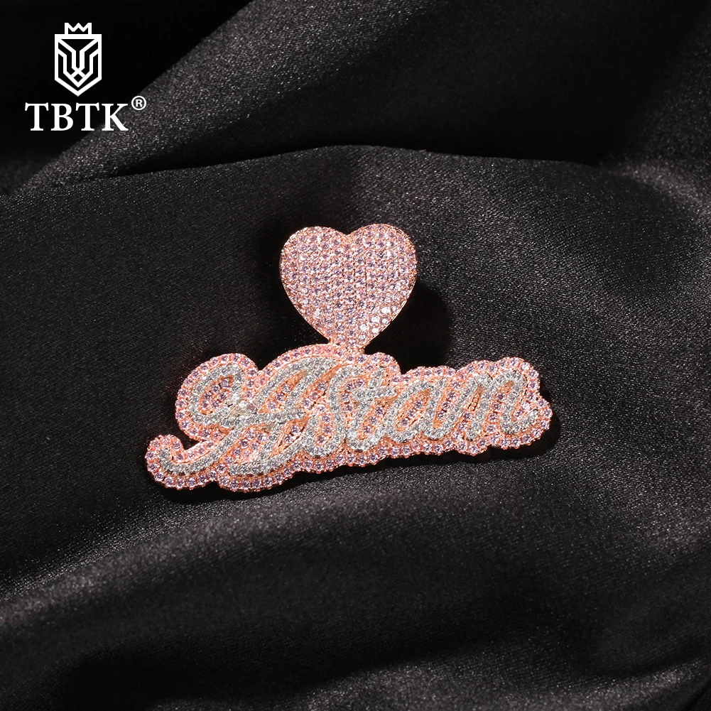TBTK Custom Name Necklace Bubble Letter With Lovely Heart Clasp Iced Out White Pink CZ Pendant Tennis Chain Hiphop Jewelry