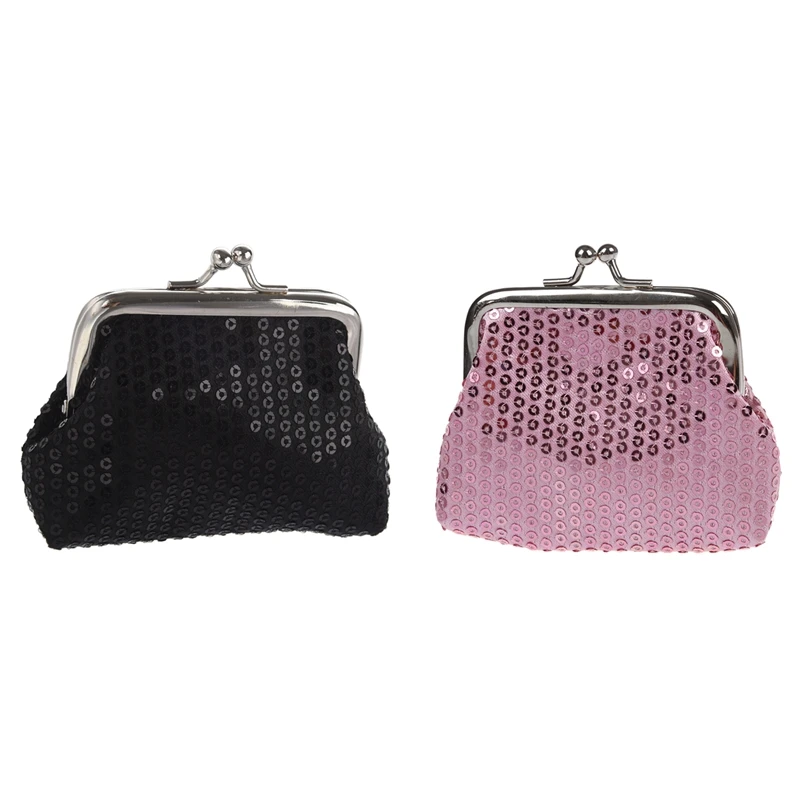 

FGGS-2pcs Женский мини-кошелек с блестками и пряжкой-черный и розовый