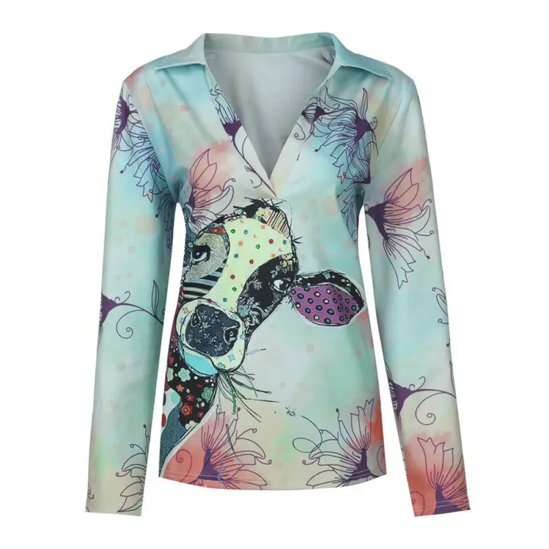 

Womens Ladies Animal Print Long Sleeve V-Neck Autumn Casual Tops Sweater Shirts