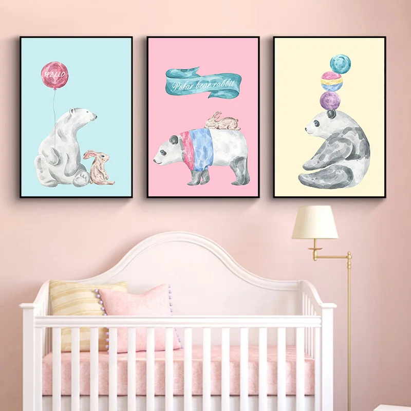 Мультяшные животные полярный медведь и воздушный шар с пандой плакаты Печать