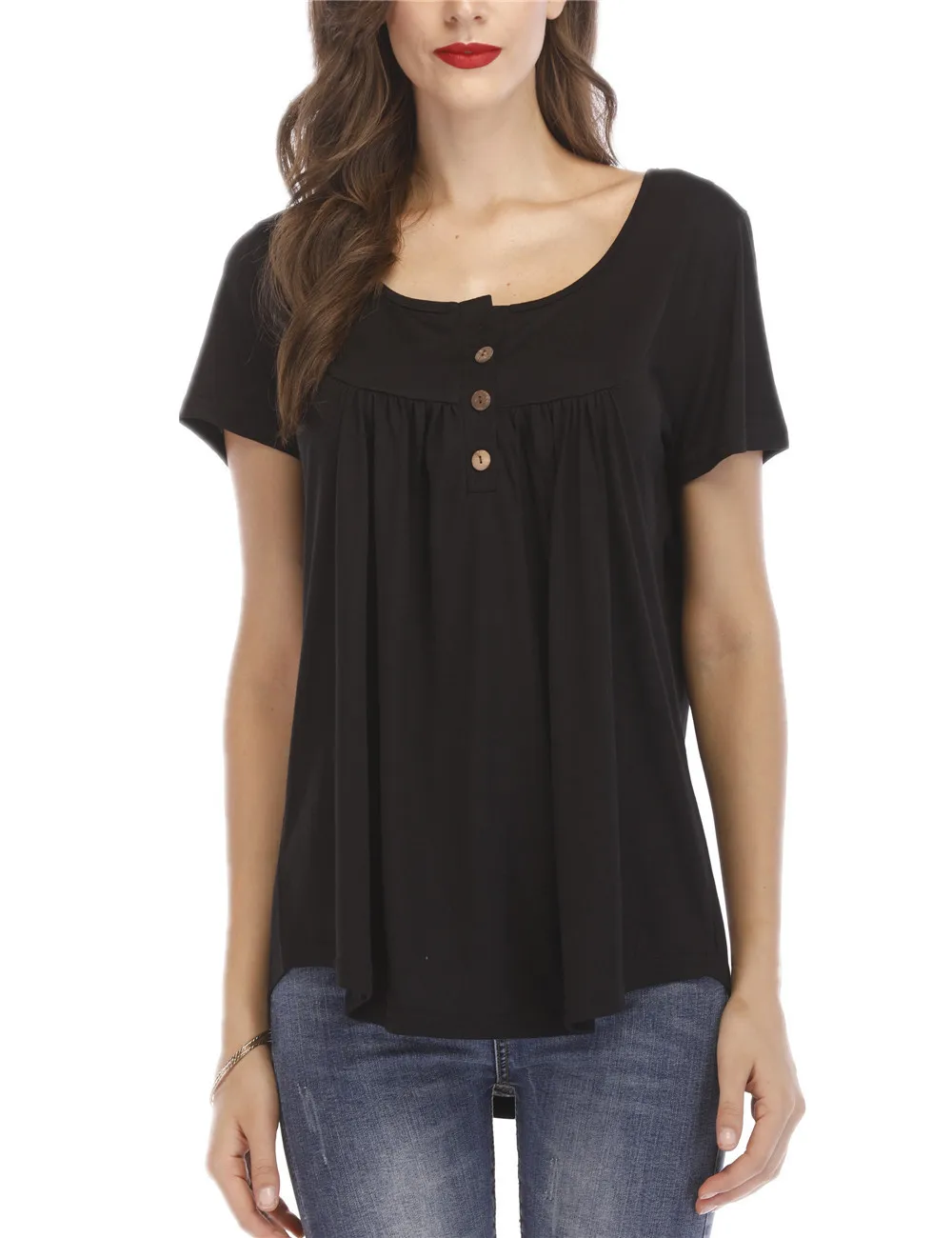 

Women's women's pleated button loose short sleeve T-shirt