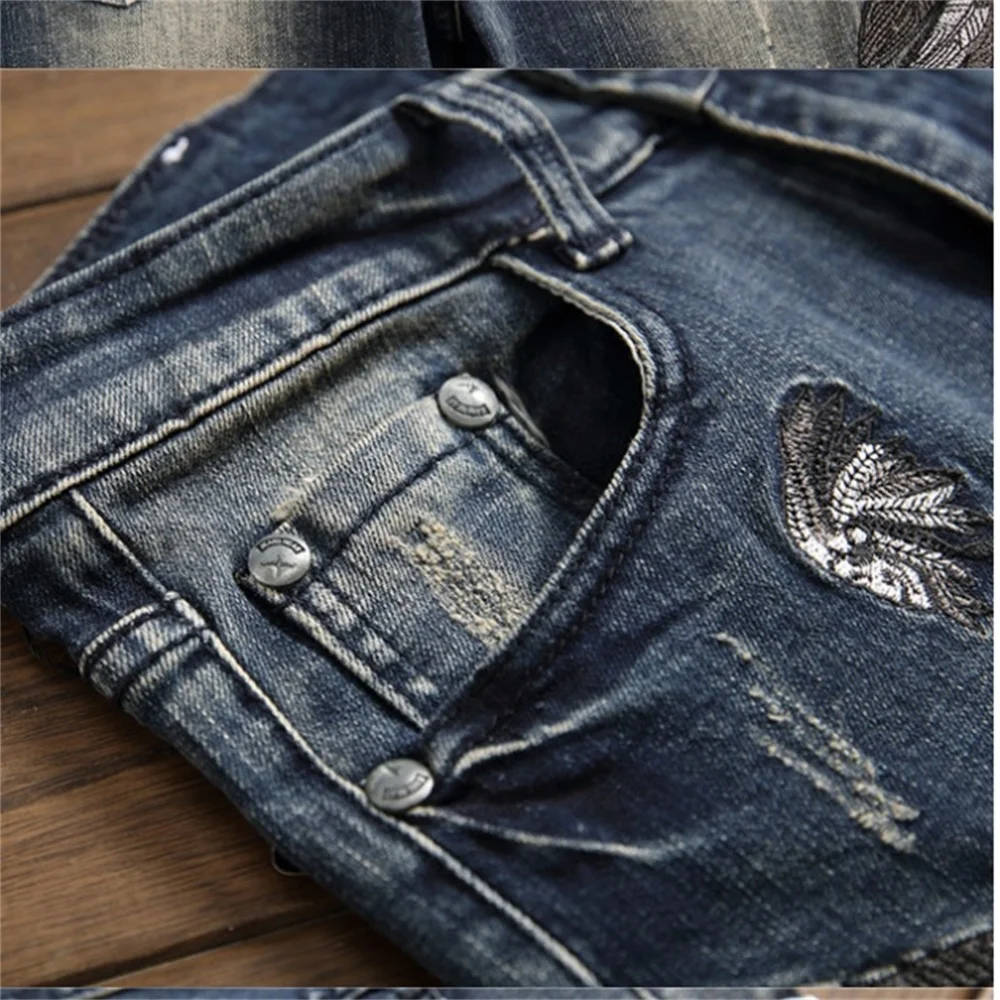 Summer  Indian Skull Multiple Embroidered Jeans Men's Ripped High Street Pants Soft Red Ears Blue Slim 2020 Western Style Cotton