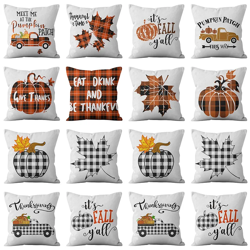 

Thanksgiving Pumpkin Check Pillowcase Autumn Harvest Car Printed Pillow Case Festival Home Decoration Sofa Cushion Cover