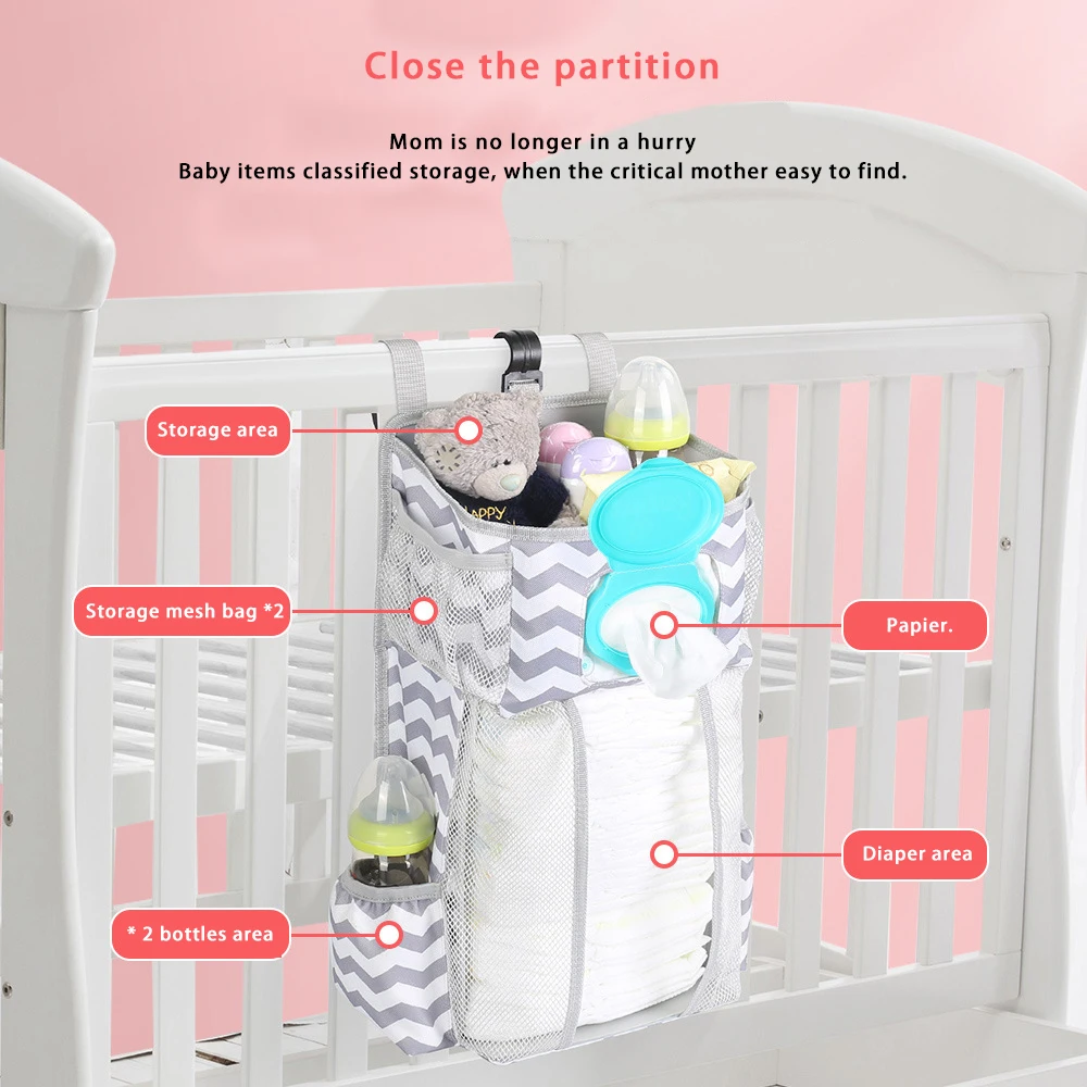 

Baby Crib Hanging Bags Hot Selling Soft Surface Safety Breathable Durable Portable Bedside Organizer Diaper Storage Bag Box