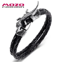 fashion bangle men jewelry black double layer leather stainless steel punk lizard charm chameleon bracelet