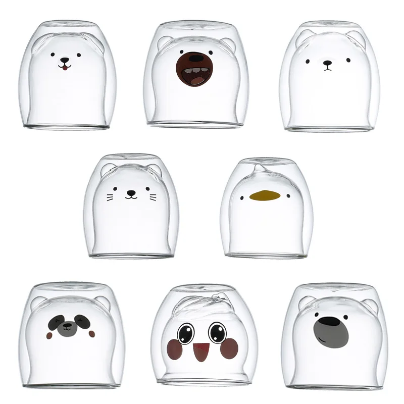 

Lovely Bear Cat Glass Cup Double Wall Milk Tea Juice Whiskey Coffee Cup for Women Kid Christmas Gifts Heat-resistant Drinkware