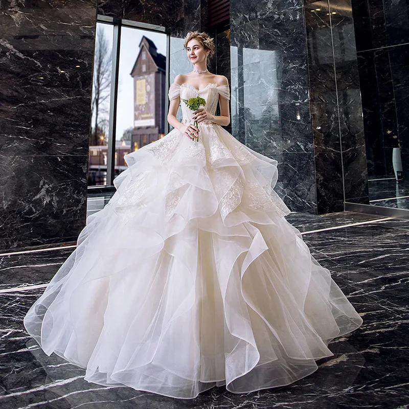 

Свадебное платье Feerijt, новинка 2021, классическое бальное платье до пола с вырезом лодочкой и шнуровкой, роскошное кружевное платье принцессы ...