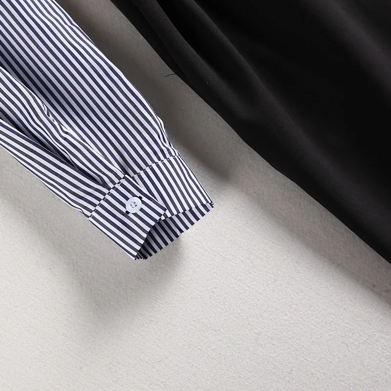 

Women's Patchwork Dress 5xl Plus Size Striped Long Sleeve Sping and Autumn Black Patchwork Dresses Turn-Down Collar Bow Waist