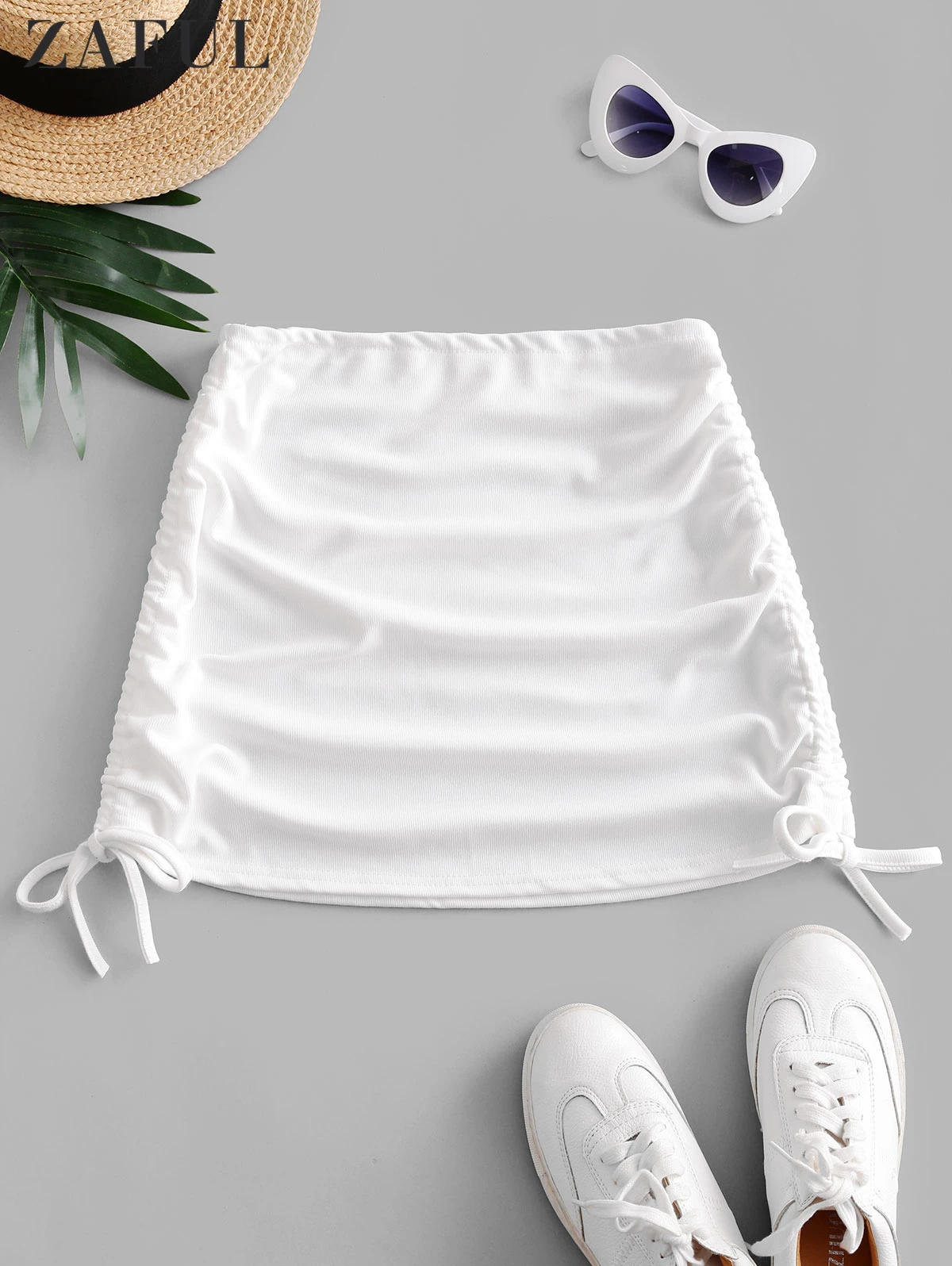 

ZAFUL Ribbed Cinched Side Mini Skirt Women Bikini Bottom Cover Ups Casual Solid Skirts Female Summer Beachwear Streetwear White