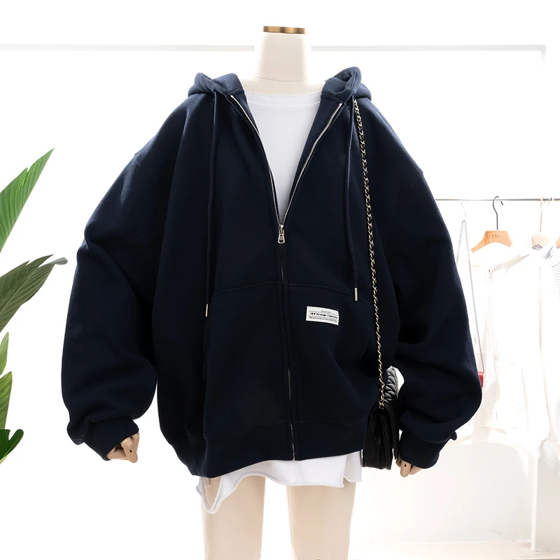 

2021 Spring Autumn Korean Style New Loose Plus Size Hooded Top Simple Zipper Cardigan Sweatshirt Fashion Drawstring Hoodie Coat